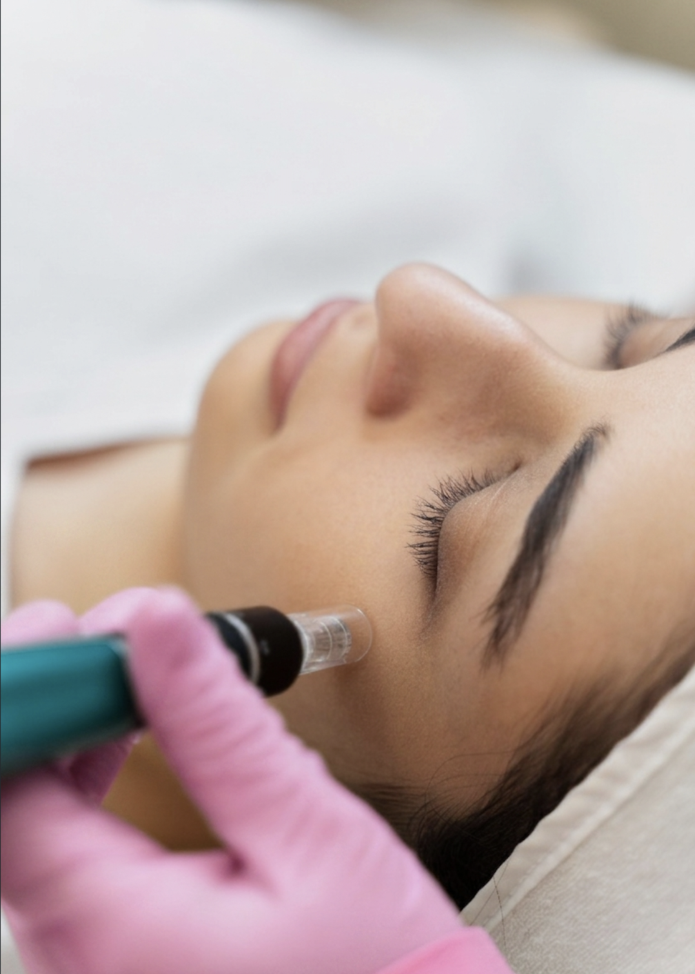 HydraFacial suction wand being applied to a client's face